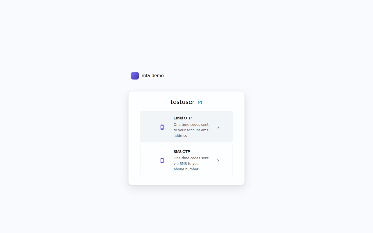 Keycloak's MFA method picker after adding custom Email OTP and SMS OTP authenticators.