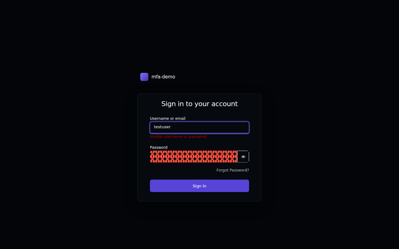 SMS OTP validation failure showing inline error handling after the authenticator was completed.