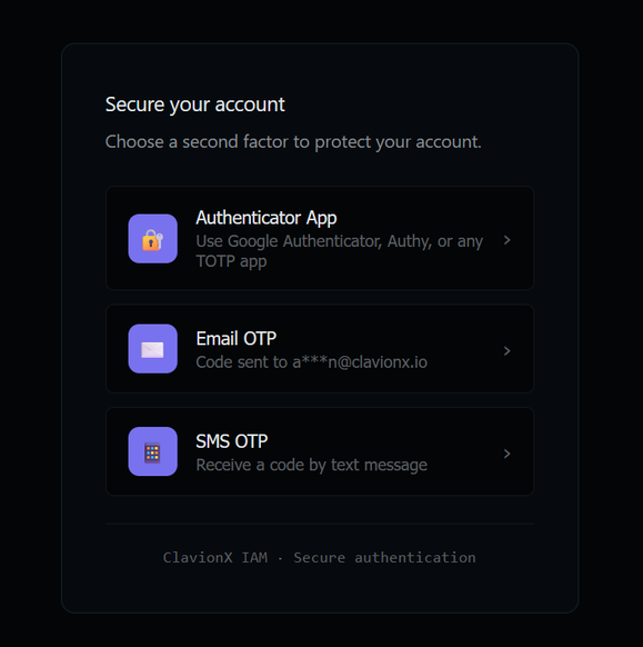 ClavionX end-user factor picker showing Authenticator App, Email OTP with a masked address, and SMS OTP.